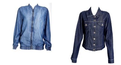 Dois modelos de jaquetas femininas jeans, uma mais clara e a outra mais escura.