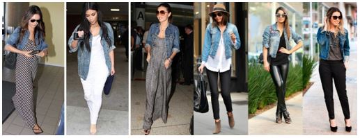 Seis mulheres utilizando jaqueta jeans de forma criativa
