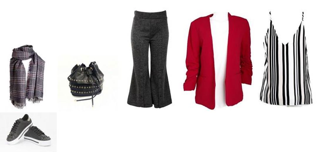 Look aeroporto com calça pantacourt de malha, regata listrada, blazer moderno vermelho, pashimina xadrez e tênis preto