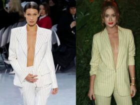 2 looks com blazers claros com estampa de risca de giz