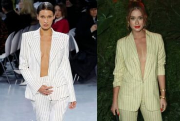 2 looks com blazers claros com estampa de risca de giz