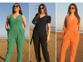 1 modelo de macacão longo verde, outro preto e outro bege