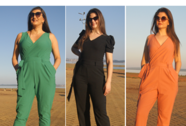 1 modelo de macacão longo verde, outro preto e outro bege