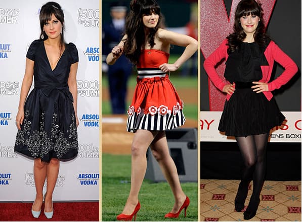 Zoey Deschanel usando 3 looks fashion