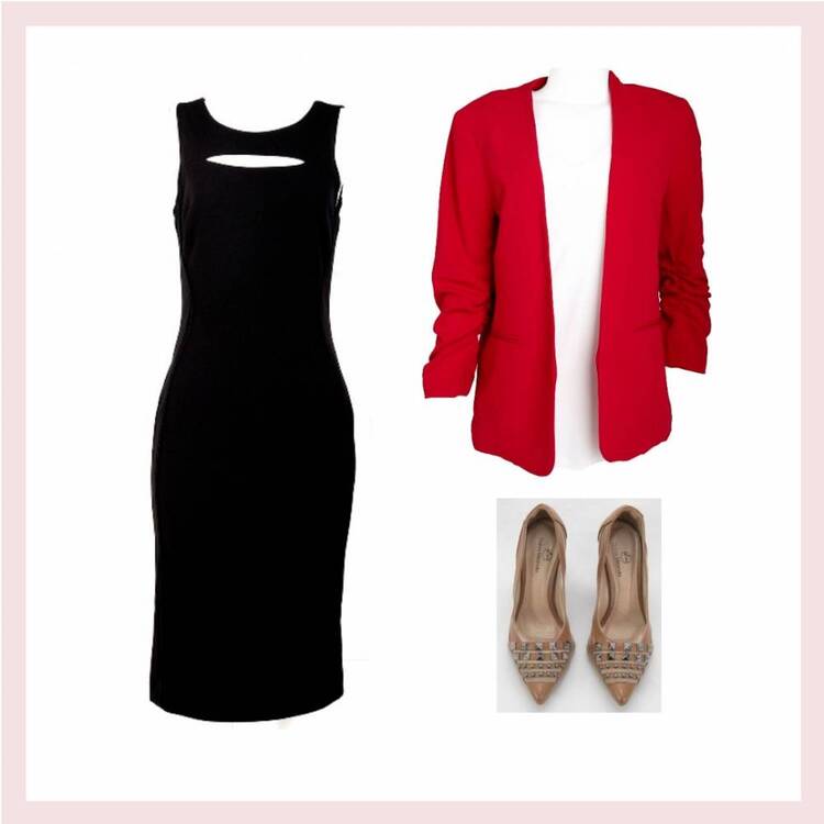 Look feminino completo composto por blazer vermelho moderno, vestido midi tubinho preto,e um scarpim, e scarpin bege com detalhes