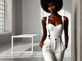 Mulher negra usando um look com calça, body e suspensórios brancos