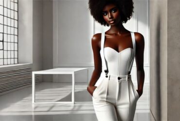 Mulher negra usando um look com calça, body e suspensórios brancos