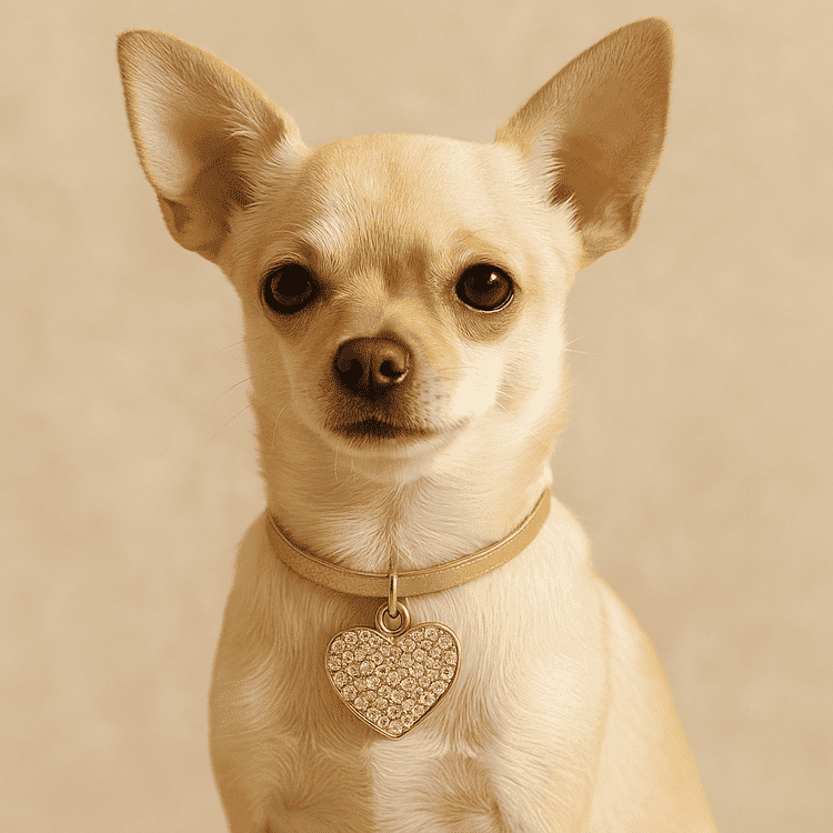 Cachorrinho usando um colar com pingente dourado no pescoço