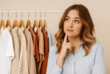 Mulher em frente ao closet pensando em como se vestir