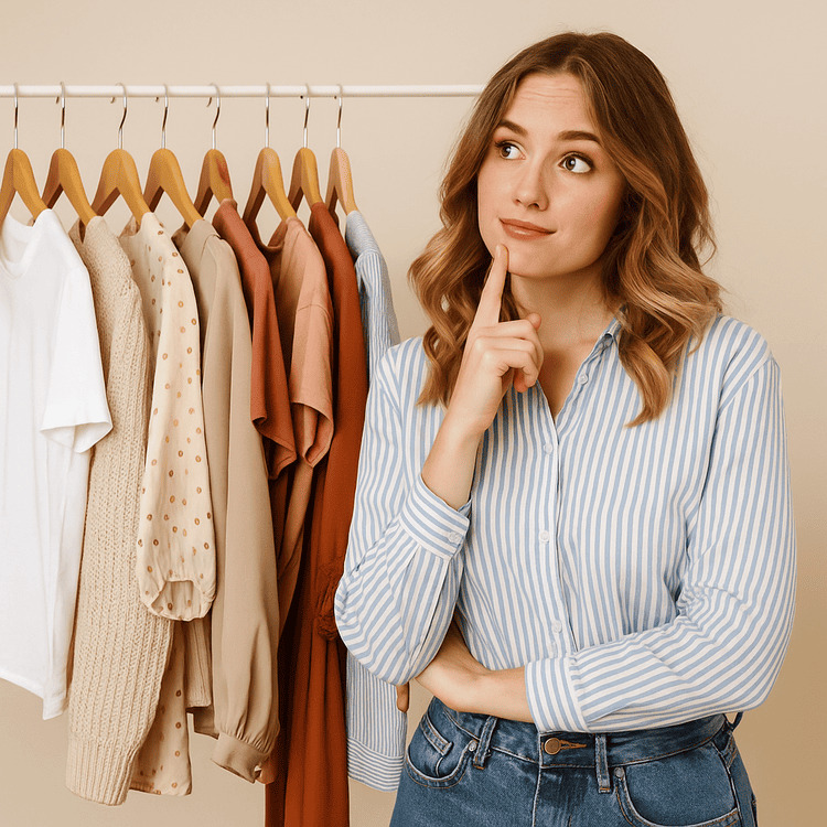 Mulher em frente ao closet pensando em como se vestir