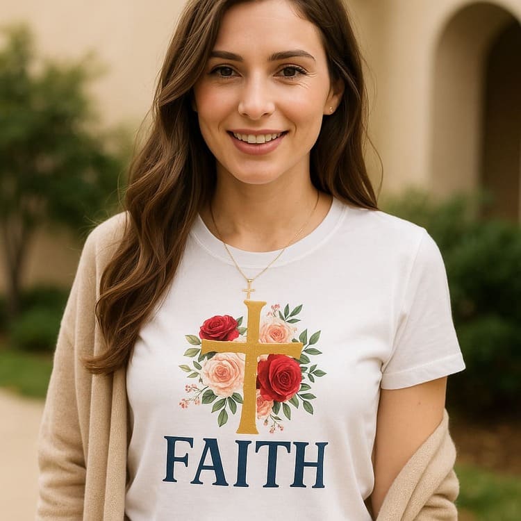 Mulher usando um look católico com camiseta