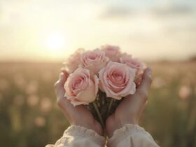 Mulher segurando rosas claras em frente ao por do sol