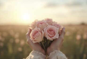 Mulher segurando rosas claras em frente ao por do sol