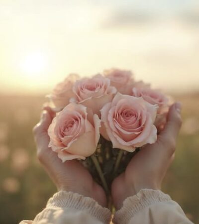 Mulher segurando rosas claras em frente ao por do sol