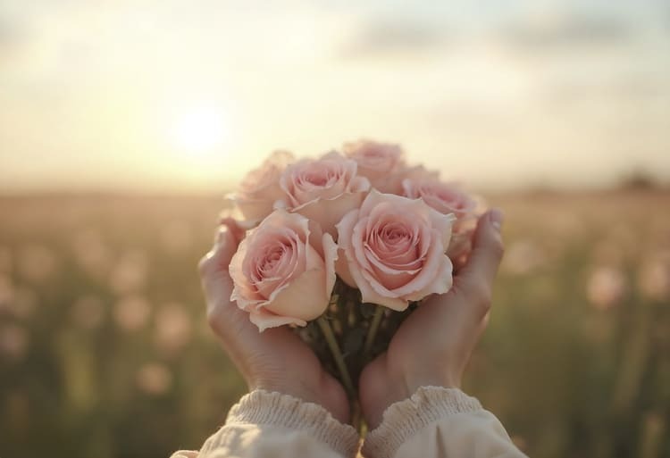 Mulher segurando rosas claras em frente ao por do sol