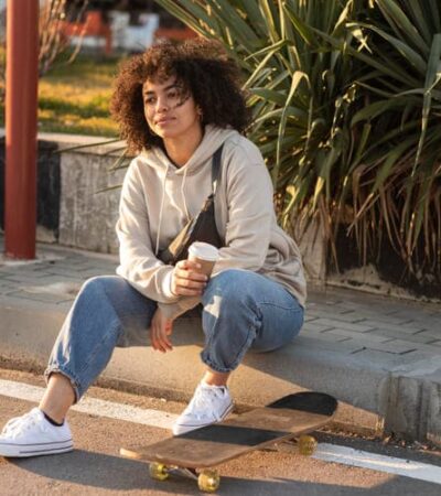 Mulher sentada na guia usando um look com calça joguer jeans e um tênis allstar branco